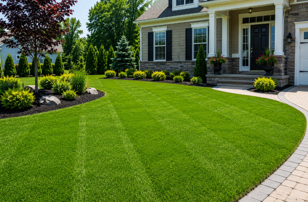 Beautiful professionally maintained striped lawn in front of an upscale stone-front home